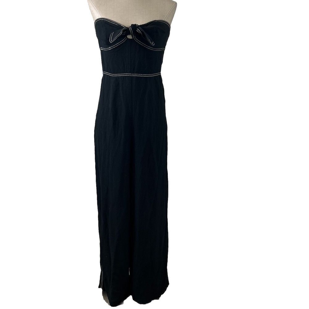 Women's Black Strapless Jumpsuit White‎ Stitching Tie Top Wide Leg Sz Medium EUC